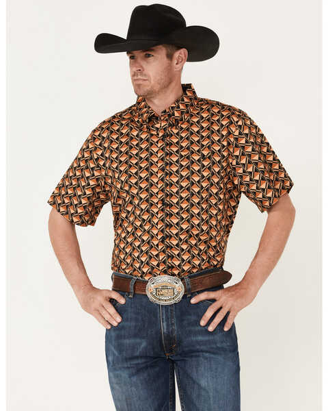 RANK 45® Men's Chisel Geo Print Short Sleeve Button-Down Western Shirt , Brown, hi-res
