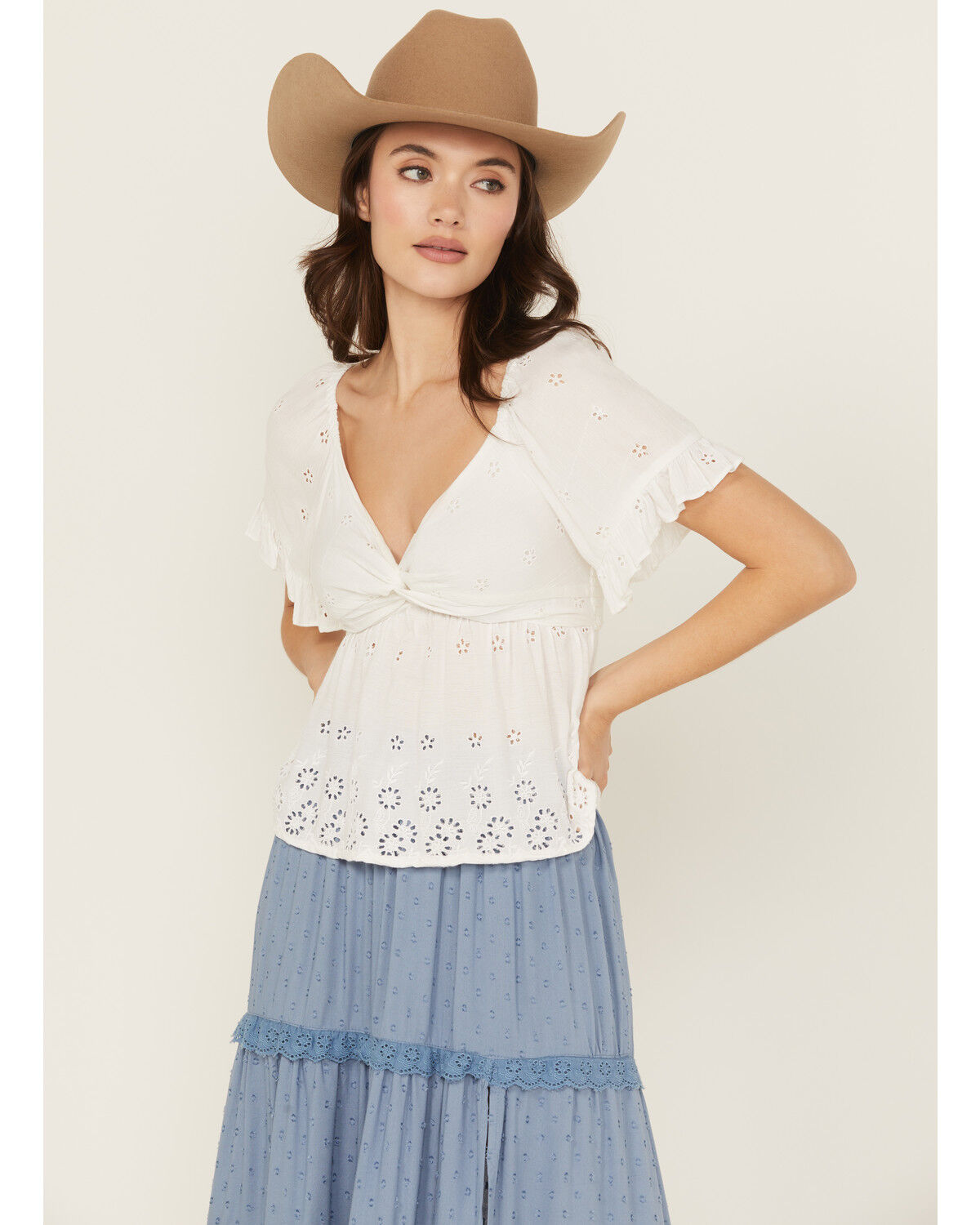 Image #1 - Angie Women's Eyelet Short Puff Sleeve Shirt, White, hi-res