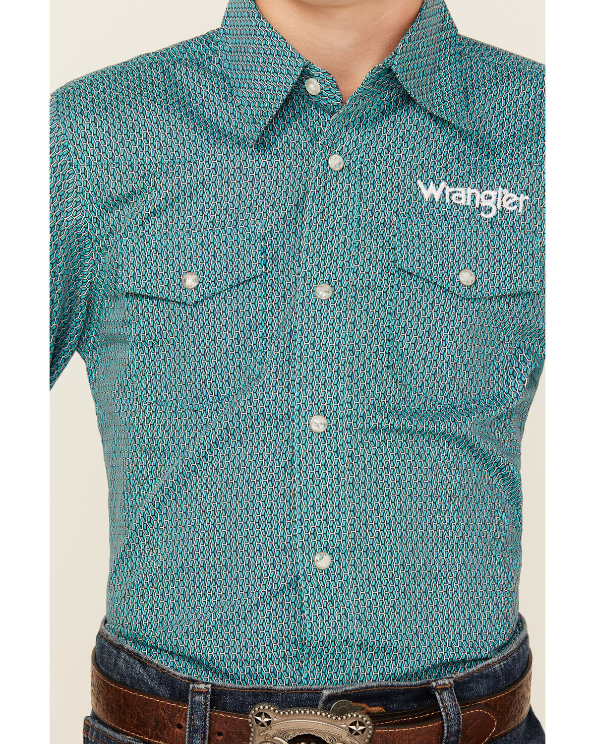 Image #3 - Wrangler Boys' Logo Sleeve Printed Long Sleeve Snap Western Shirt, Turquoise, hi-res