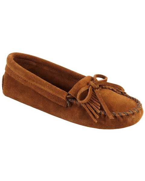 Image #1 - Women's Minnetonka Kilty Suede Softsole Moccasins, Brown, hi-res