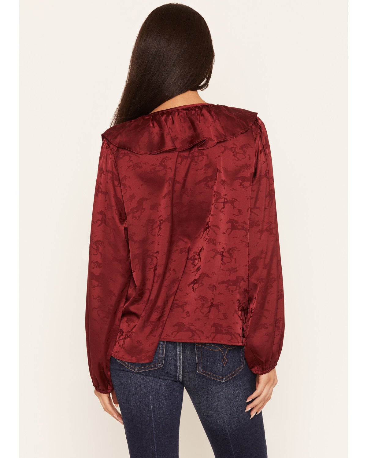 Image #4 - Wonderwest Women's Horse Jacquard Ruffle Bubble Hem Top, Dark Red, hi-res