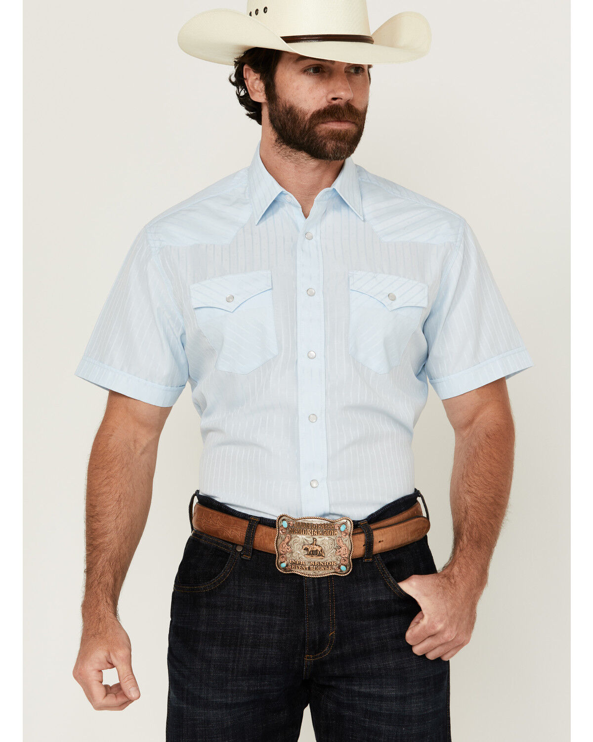 Image #1 - Rodeo Clothing Men's Tonal Satin Striped Short Sleeve Pearl Snap Western Shirt, Blue, hi-res
