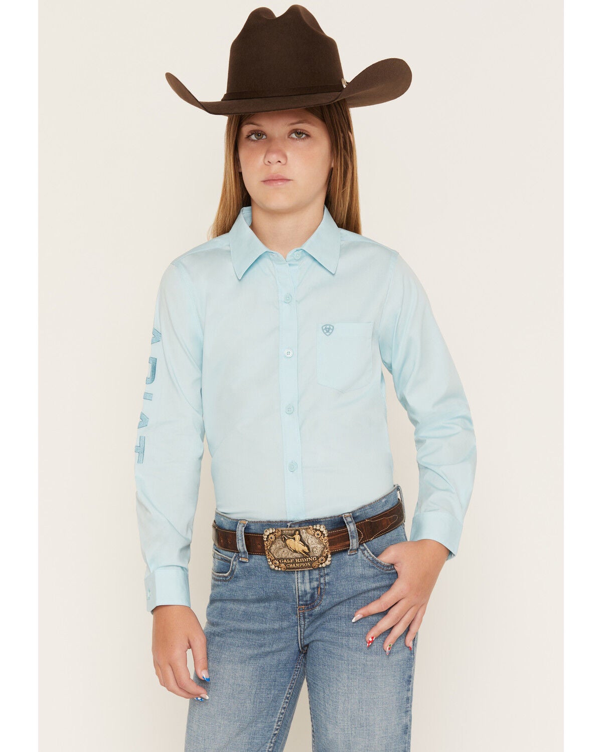 Ariat Girls' Team Kirby Logo Long Sleeve Button-Down Stretch Western Shirt, Blue, hi-res