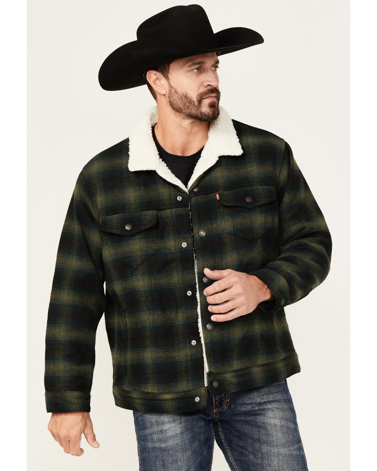 Image #1 - Levi's Men's Plaid Print Relaxed Sherpa Trucker Jacket, Dark Green, hi-res