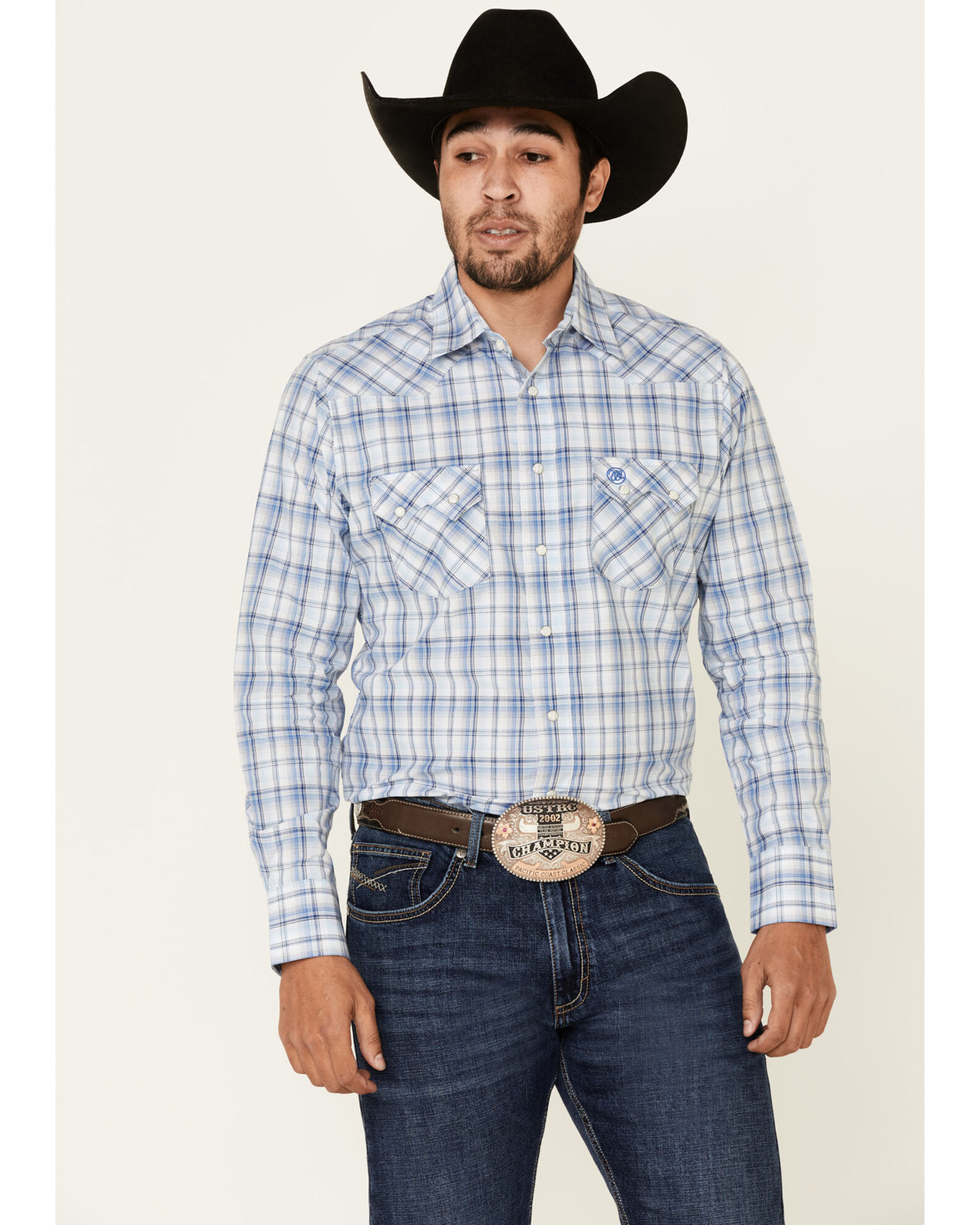 Image #1 - Wrangler Retro Men's Small Plaid Long Sleeve Western Shirt, Blue, hi-res
