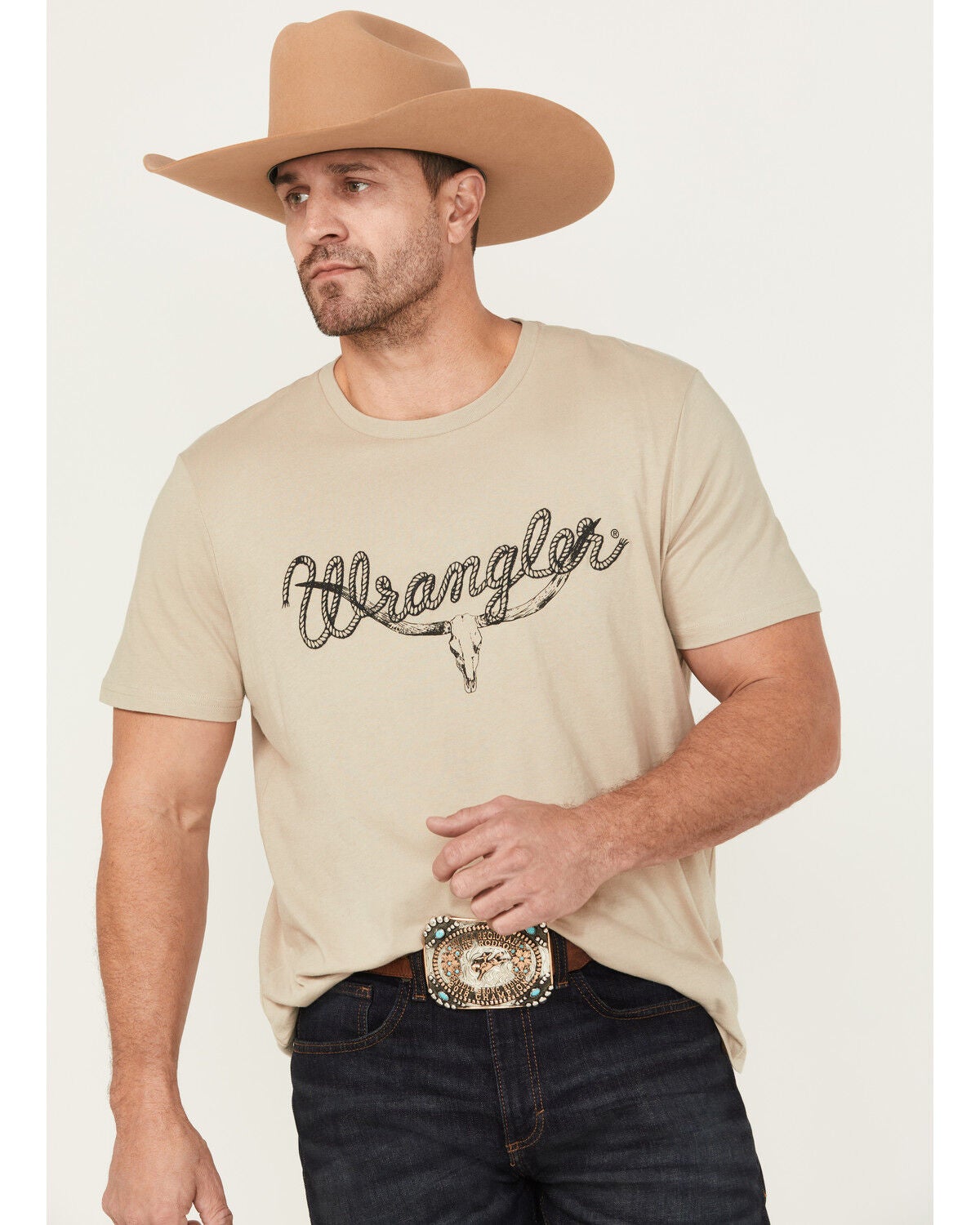 Wrangler Men's Rope Steer Head Front Logo Short Sleeve Graphic T-Shirt, Sand, hi-res