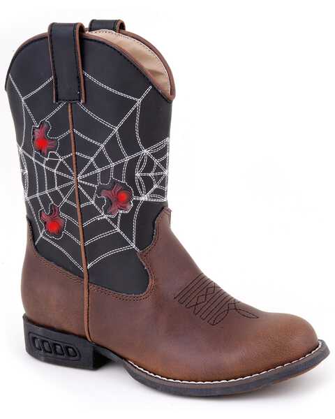Image #1 - Roper Boys' Light Up Spider Web Western Boots - Round Toe, Brown, hi-res