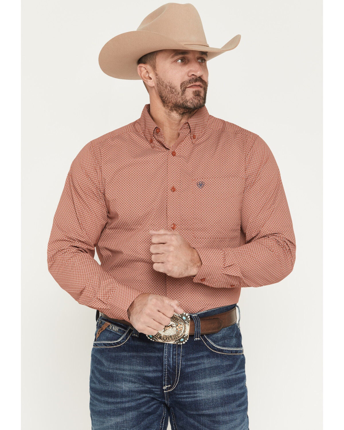 Image #1 - Ariat Men's Warren Geo Print Fitted Long Sleeve Button-Down Western Shirt, Rust Copper, hi-res