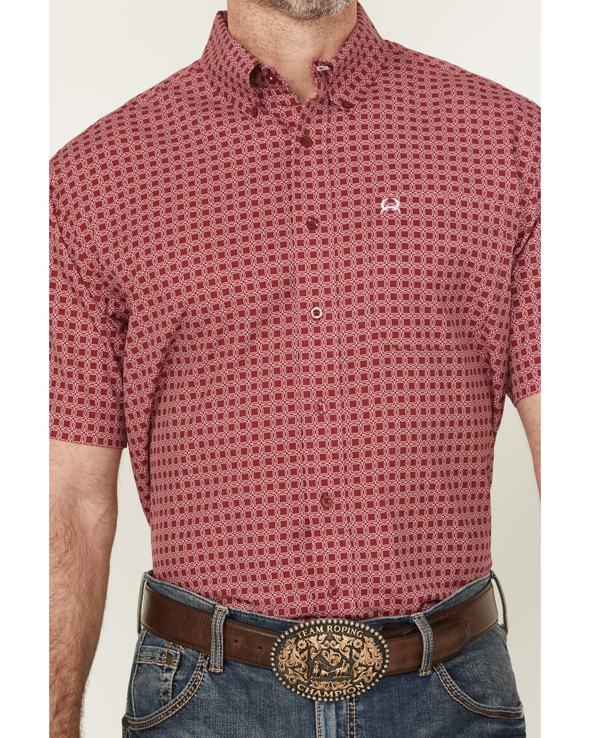 Image #3 - Cinch Men's Geo Print Short Sleeve Button-Down Performance Western Shirt, Pink, hi-res