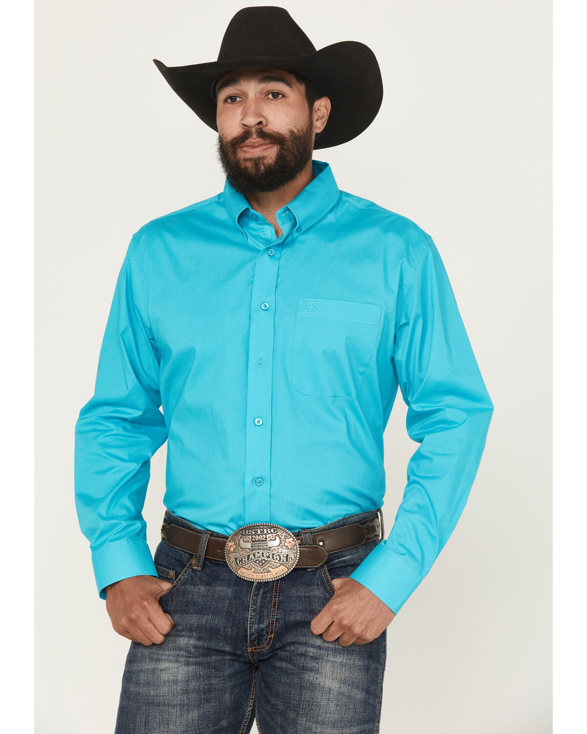 Image #1 - Panhandle Select Men's Solid Long Sleeve Button-Down Stretch Western Shirt, Teal, hi-res