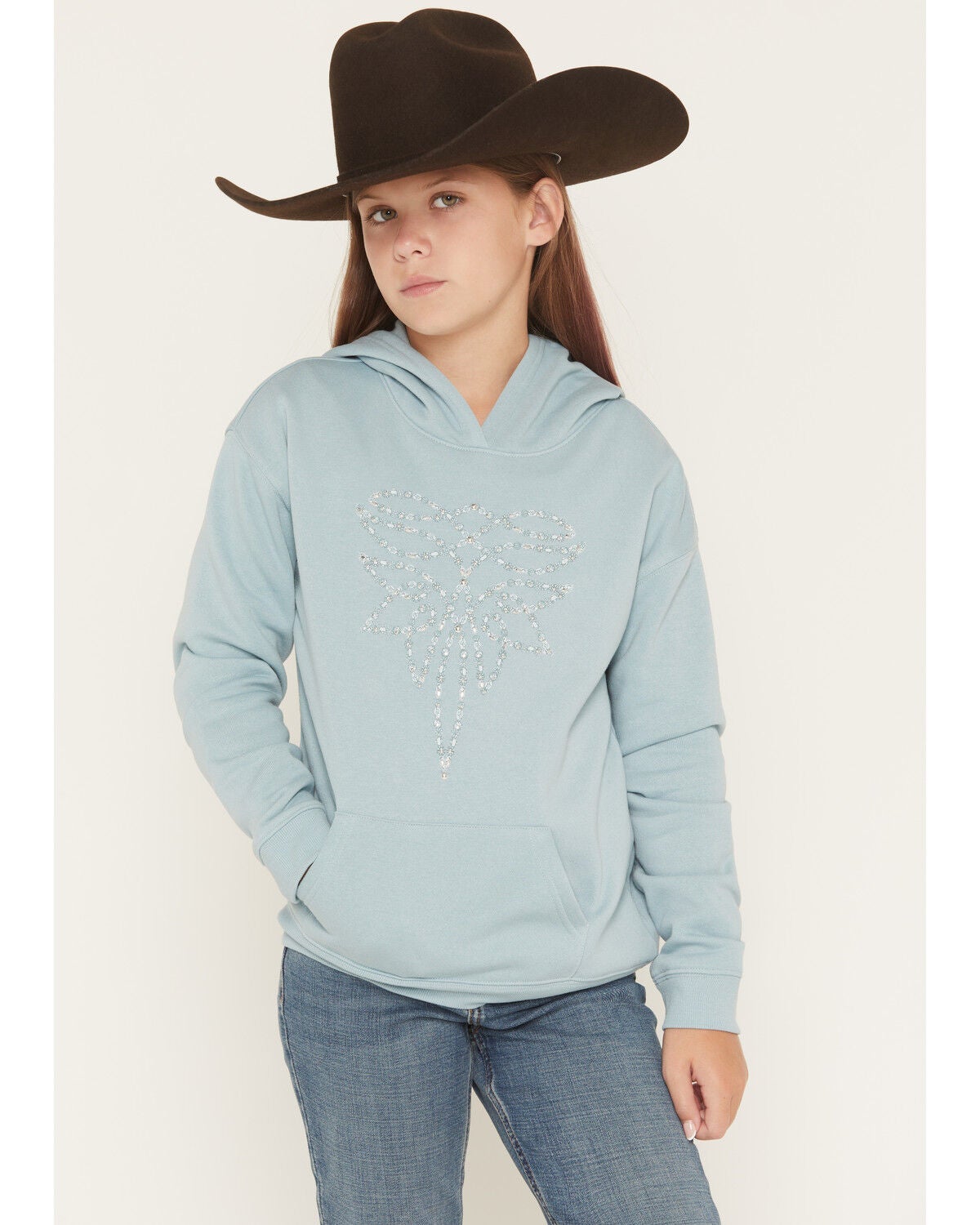 Shyanne Girls' Embellished Bootstitch Hoodie, Blue, hi-res