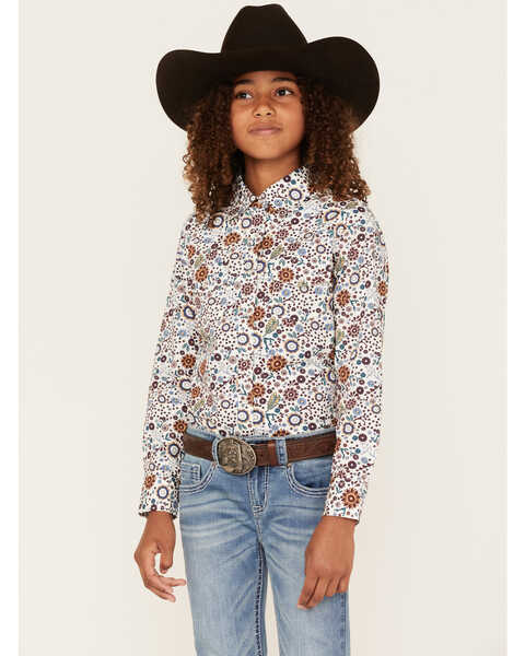 Image #1 - Shyanne Girls' Ditsy Floral Print Long Sleeve Western Pearl Snap Shirt, Ivory, hi-res