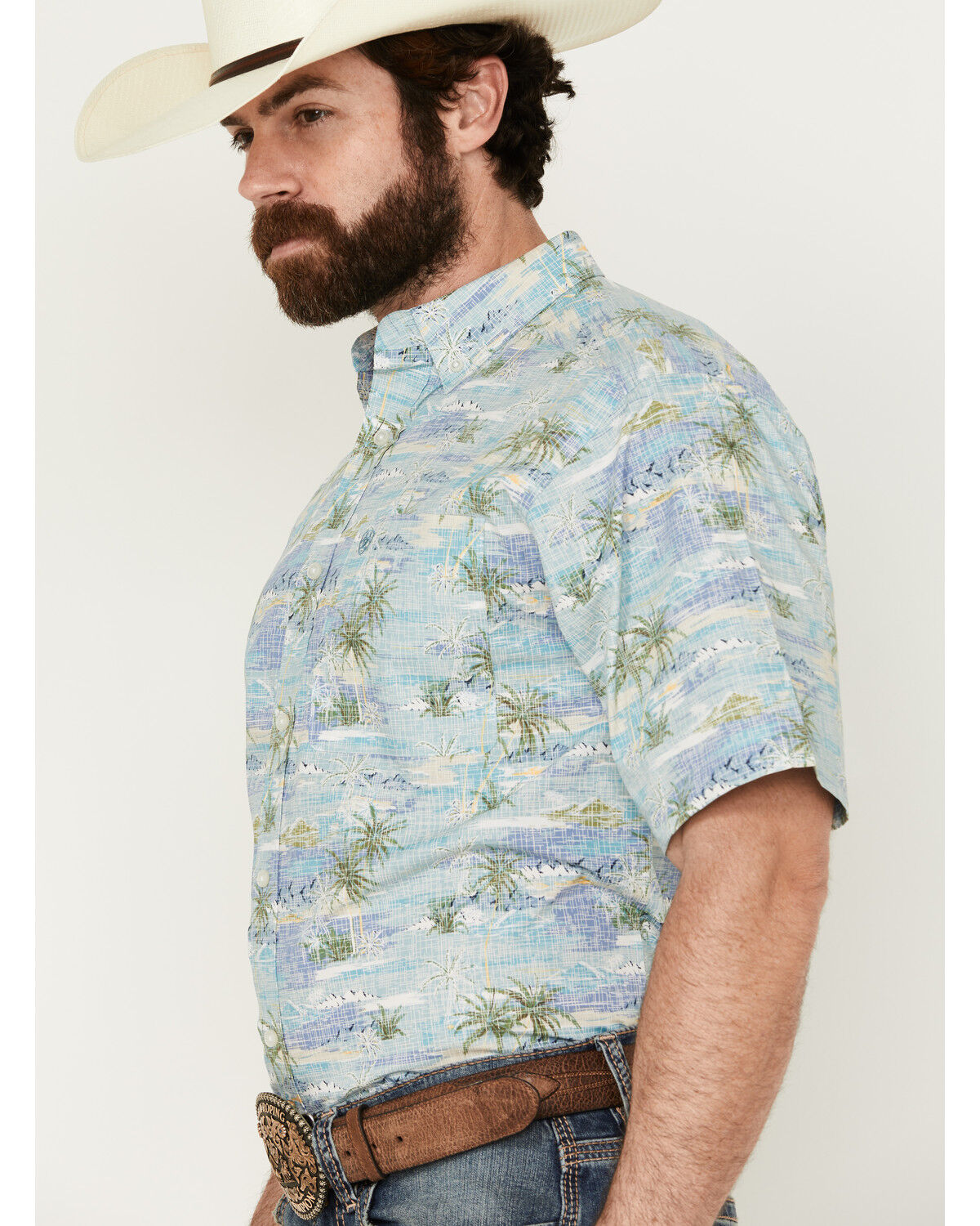 Image #2 - Ariat Men's Edwin Palm Tree Island Print Short Sleeve Button-Down Western Shirt, Blue, hi-res