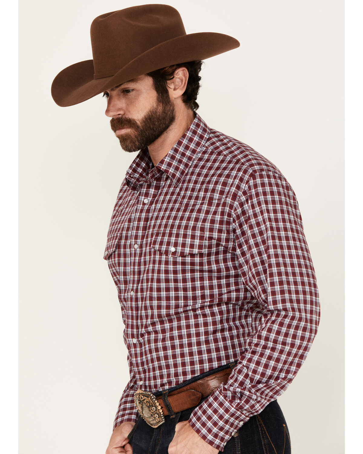 Image #2 - Wrangler Men's Wrinkle Resistant Plaid Print Long Sleeve Snap Stretch Western Shirt, Dark Red, hi-res