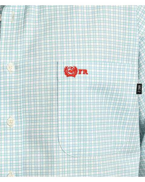 Cinch Men's Flame Resistant Plaid Print Long Sleeve Button Down Work Shirt, Turquoise, hi-res