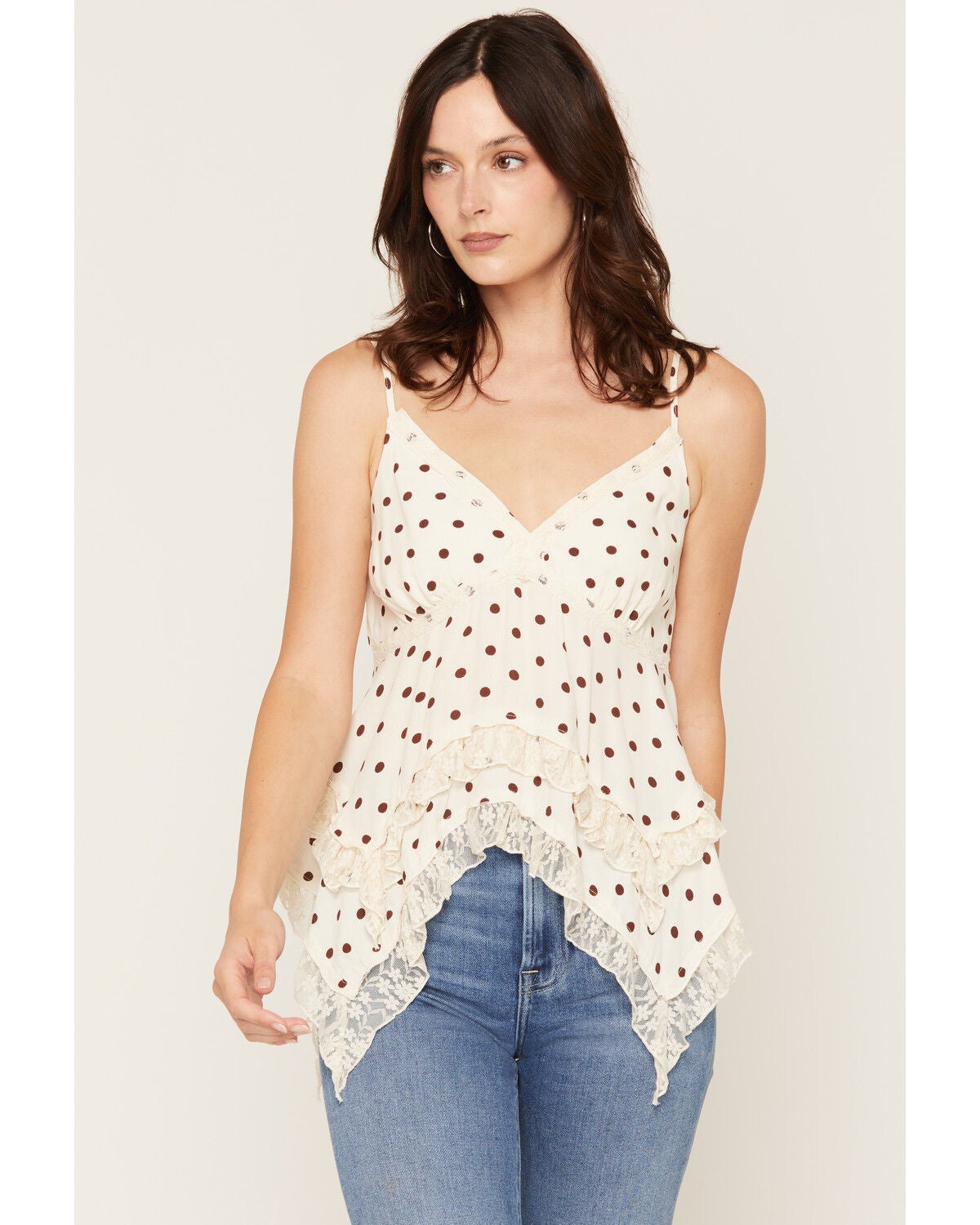 Wild Moss Women's Polka Dot Lace Hanky Hem Sleeveless Top, Ivory, hi-res