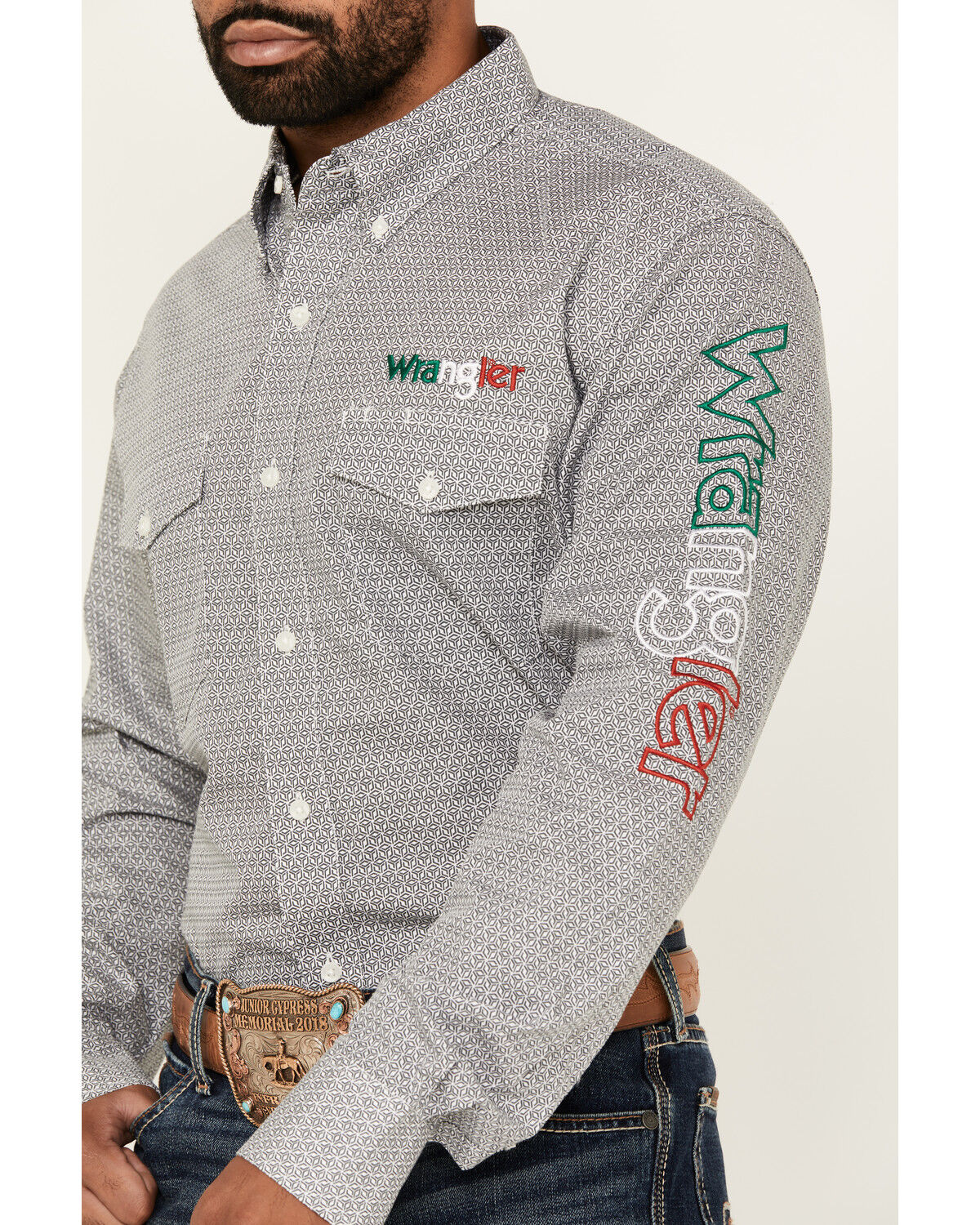 Image #3 - Wrangler Men's Mexico Flag Logo Geo Print Long Sleeve Button-Down Western Shirt - Tall, Grey, hi-res