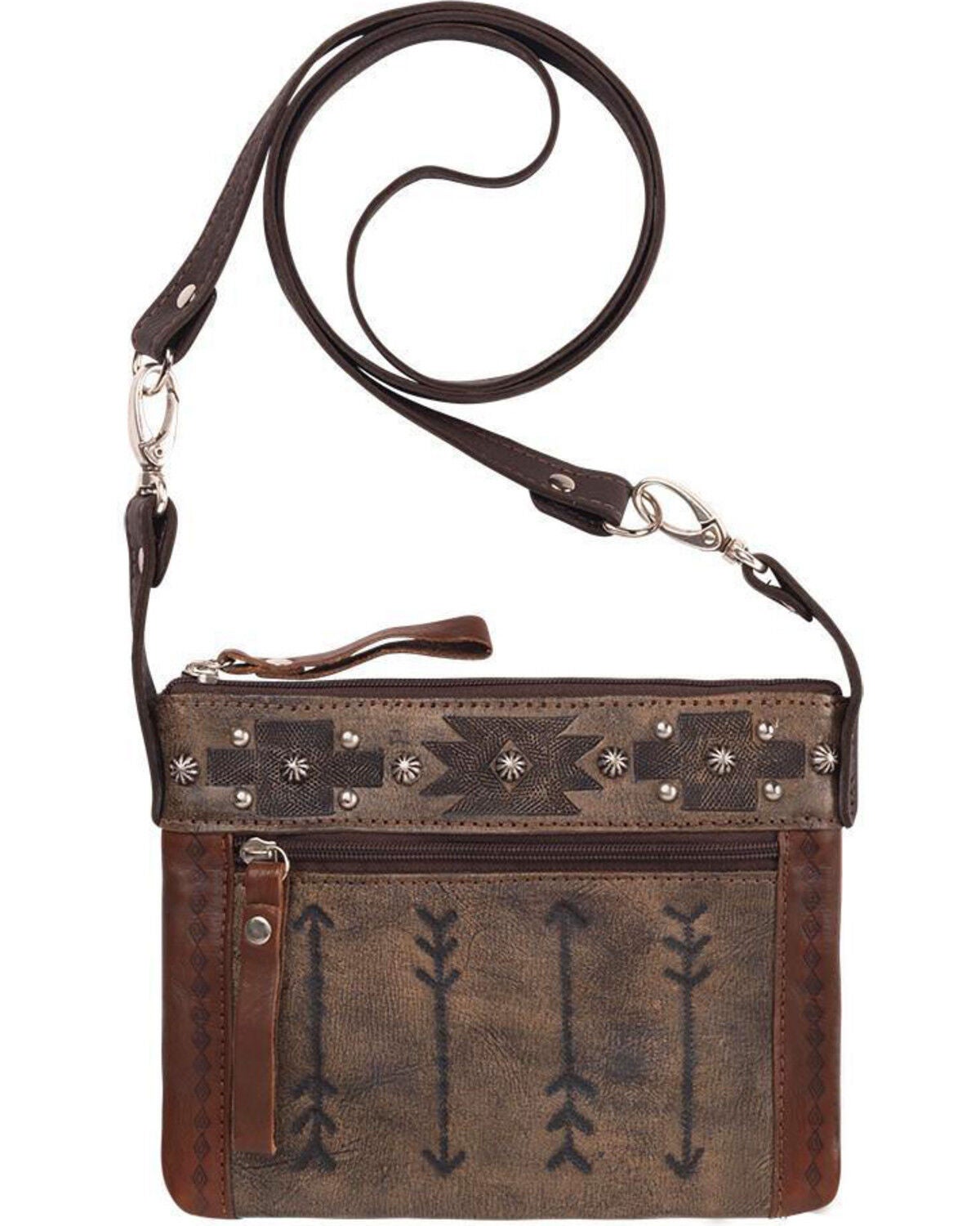 American West Women's Brown Southwestern Arrow Trail Rider Crossbody Bag, Distressed Brown, hi-res