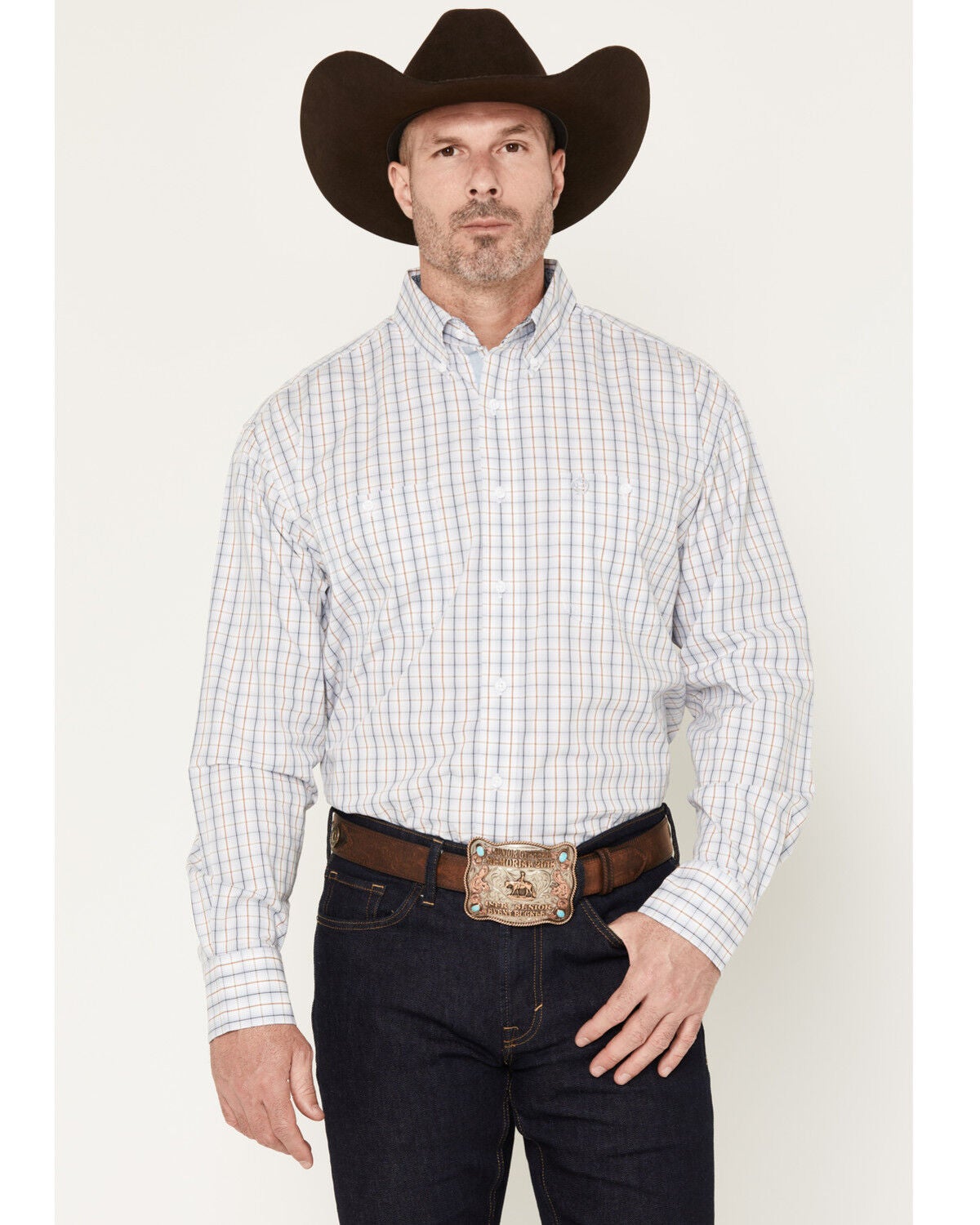 George Strait by Wrangler Men's Plaid Print Long Sleeve Button-Down Stretch Western Shirt - Tall, White, hi-res