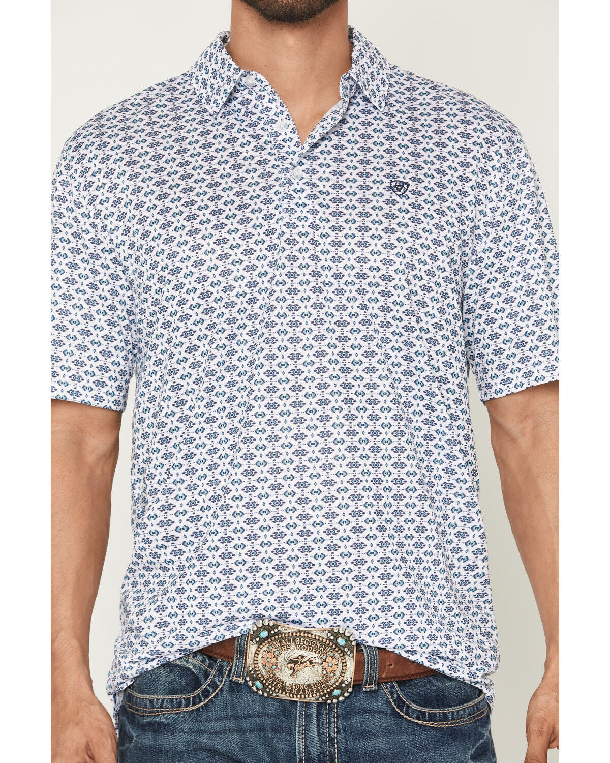 Image #3 - Ariat Men's Southwestern Print Short Sleeve Button-Down Polo, White, hi-res
