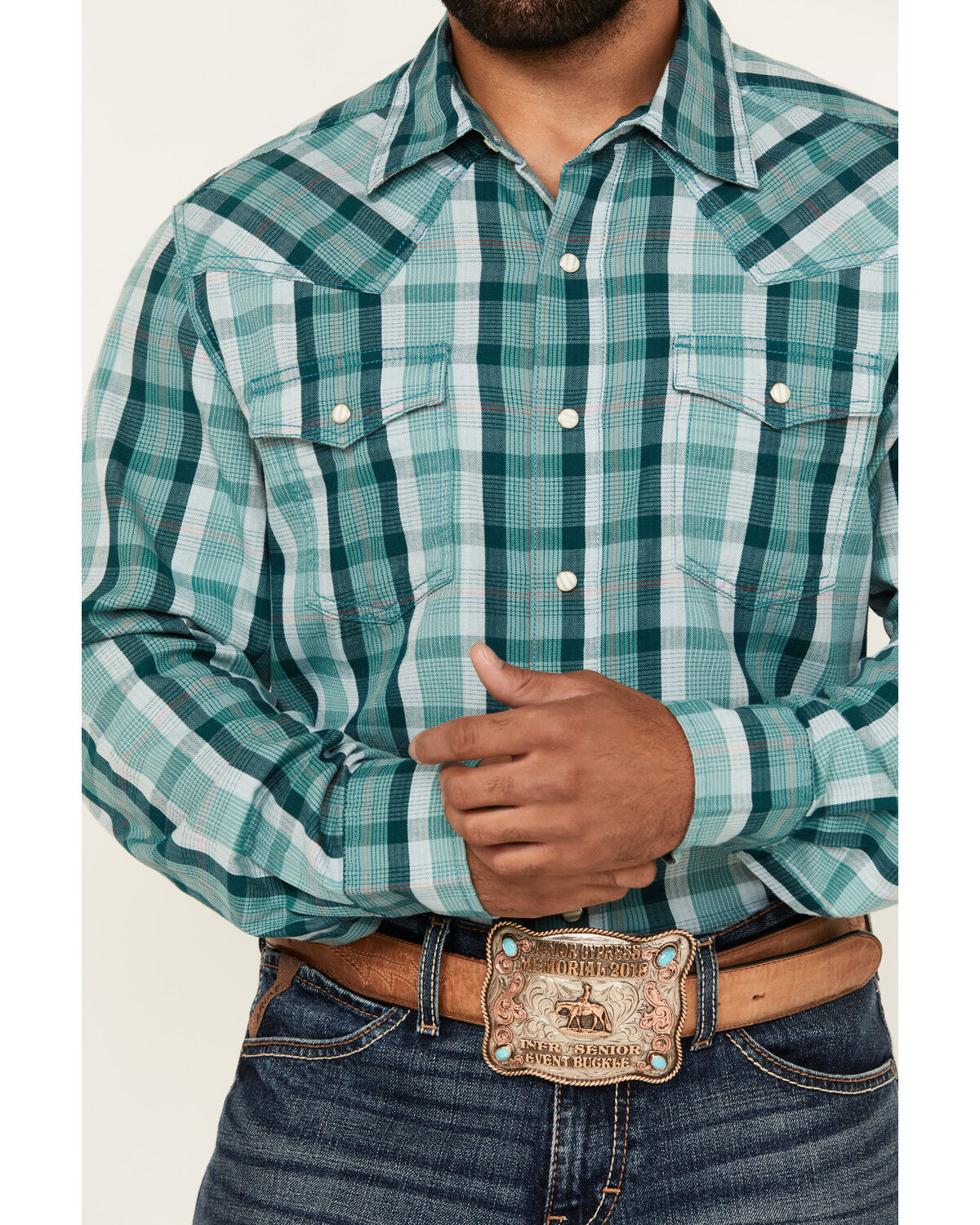 Image #3 - Wrangler Retro Men's Plaid Print Long Sleeve Snap Western Shirt - Tall, Turquoise, hi-res