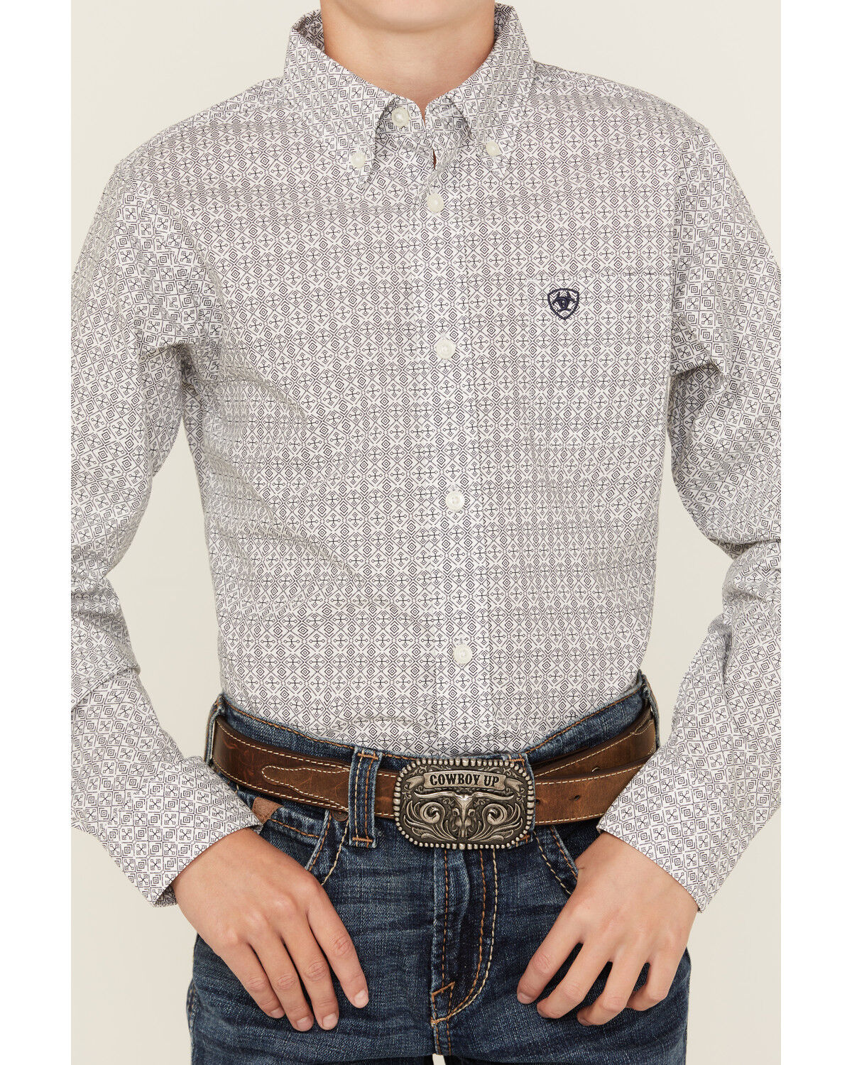 Image #3 - Ariat Boys' Classic Geo Print Long Sleeve Button-Down Western Shirt, White, hi-res
