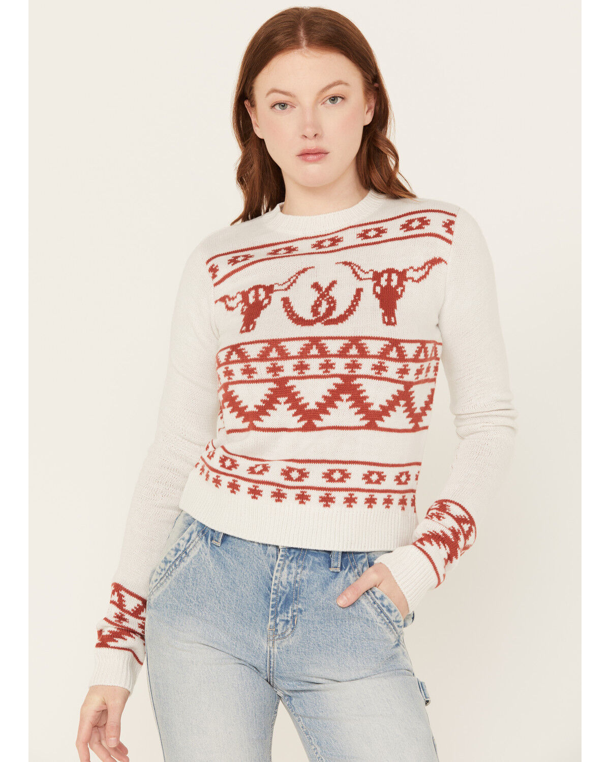 Image #1 - Wrangler Retro Women's Longhorn Horseshoe Long Sleeve Sweater, White, hi-res