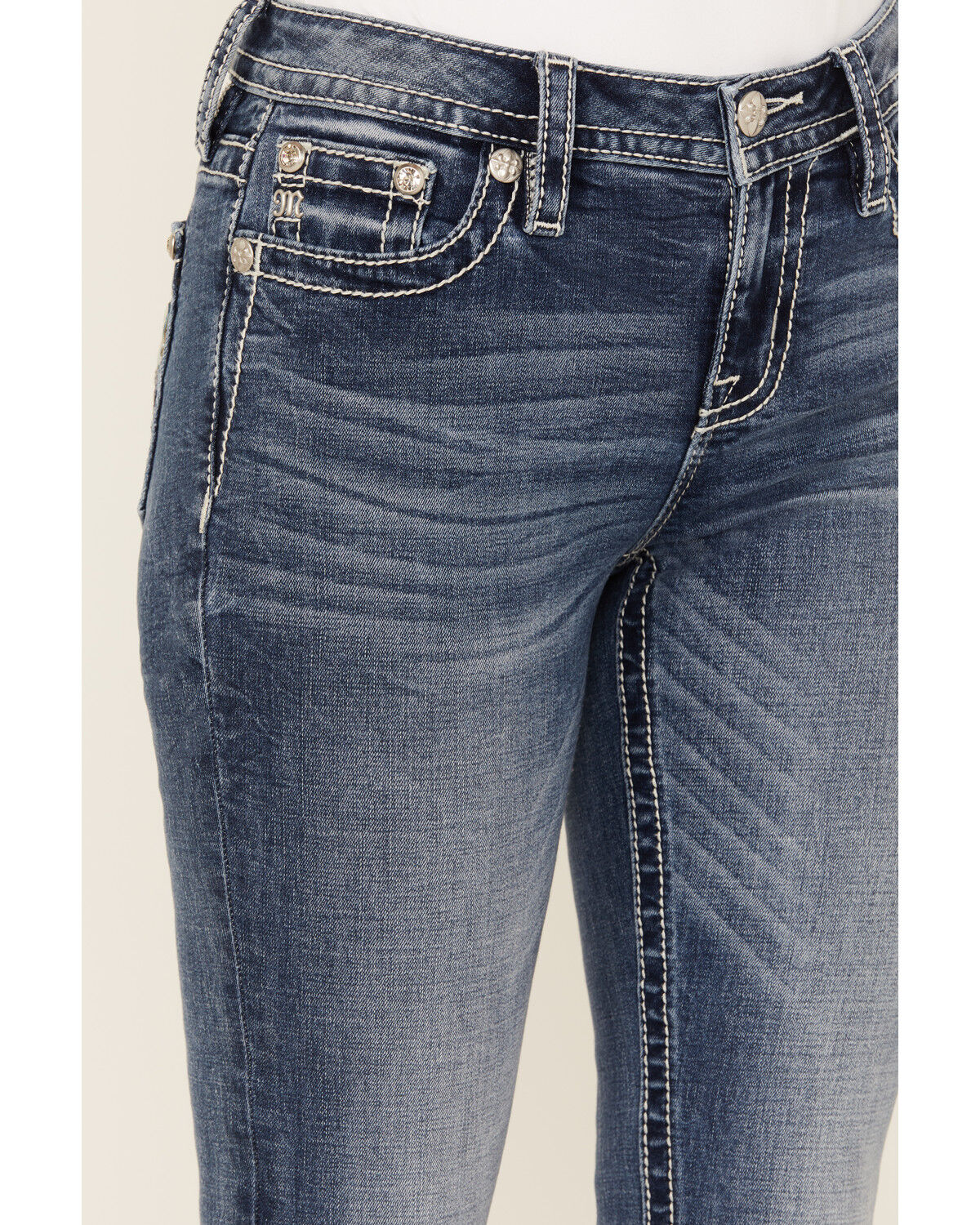 Image #4 - Miss Me Women's Dark Wash Mid Rise Dreamcatcher Pocket Bootcut Stretch Denim Jeans, Dark Wash, hi-res