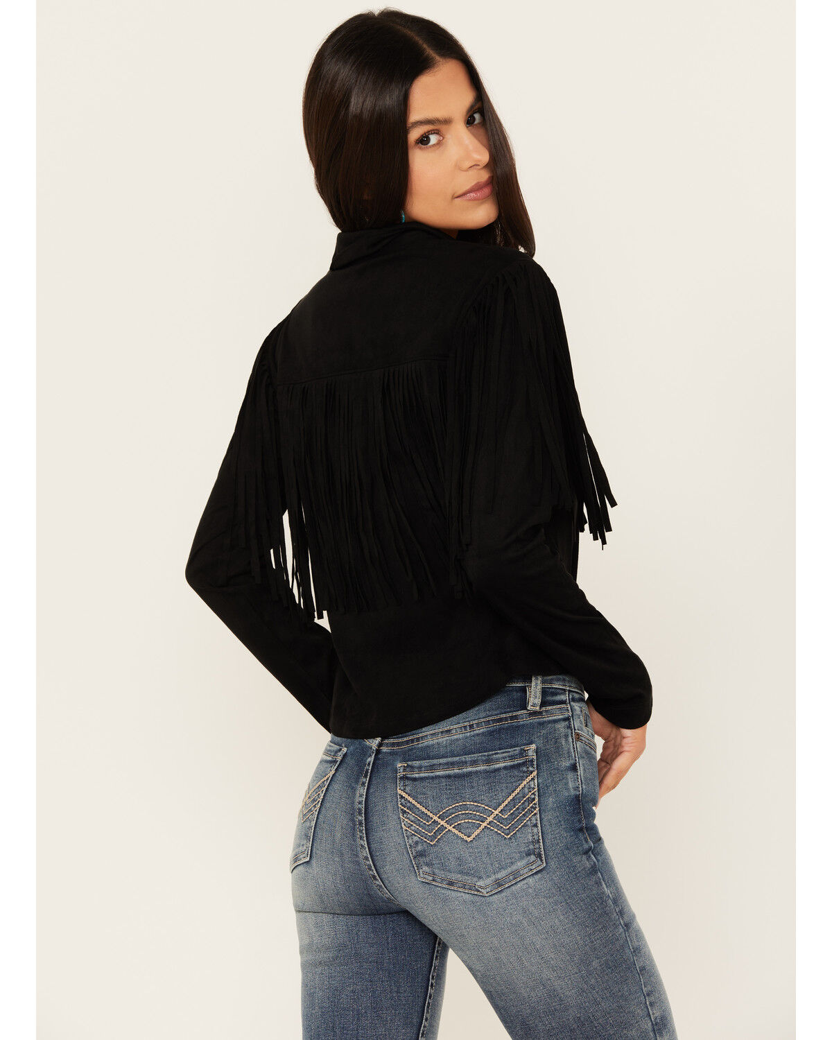 Image #4 - Idyllwind Women's Fate Tie Front Faux Suede Fringe Top, Black, hi-res