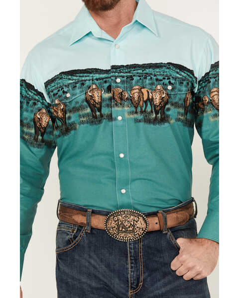 Image #3 - Panhandle Men's Buffalo Border Print Long Sleeve Pearl Snap Western Shirt, Seafoam, hi-res