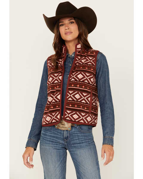 Shyanne Women's Southwestern Print Micro Fleece Vest, Dark Red, hi-res