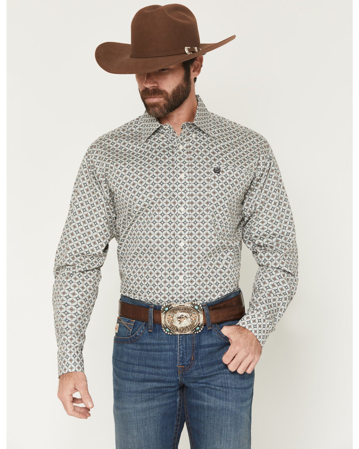 Cinch Men's Geo Print Long Sleeve Button-Down Western Shirt, Cream, hi-res