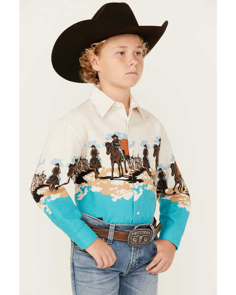 Image #2 - Panhandle Boys' Running Horse Border Print Long Sleeve Pearl Snap Western Shirt , White, hi-res