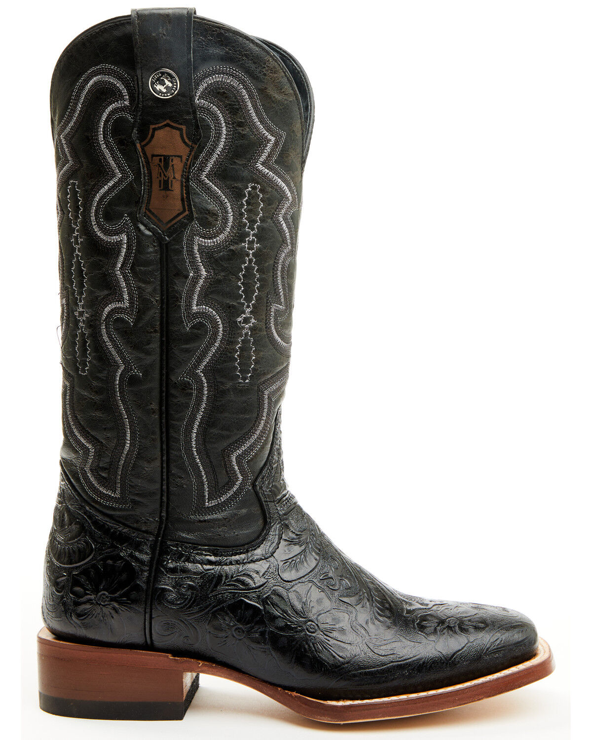 Image #2 - Tanner Mark Women's Mendocino Tooled Western Boots - Broad Square Toe, Black, hi-res