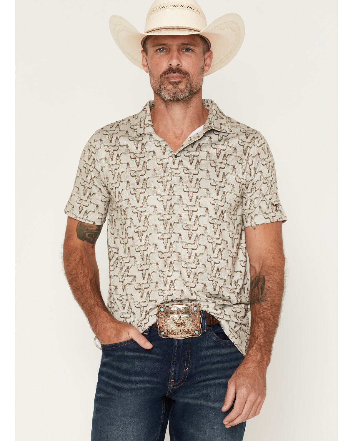 Cowboy Hardware Men's Hombre Skull Print Short Sleeve Snap Stretch Polo Shirt, Tan, hi-res