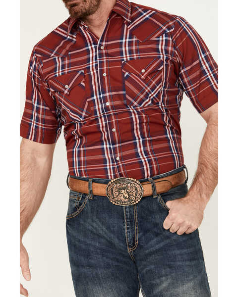 Image #3 - Ely Walker Men's Plaid Print Short Sleeve Pearl Snap Western Shirt , Red, hi-res