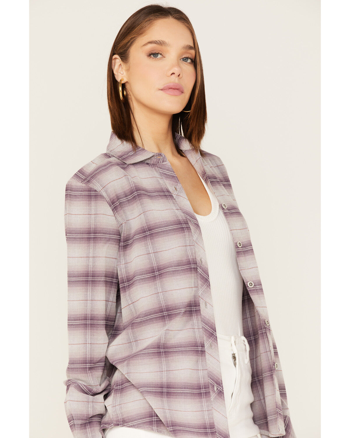 Image #2 - North River Women's Plaid Print Long Sleeve Button Down Boyfriend Shirt, Violet, hi-res