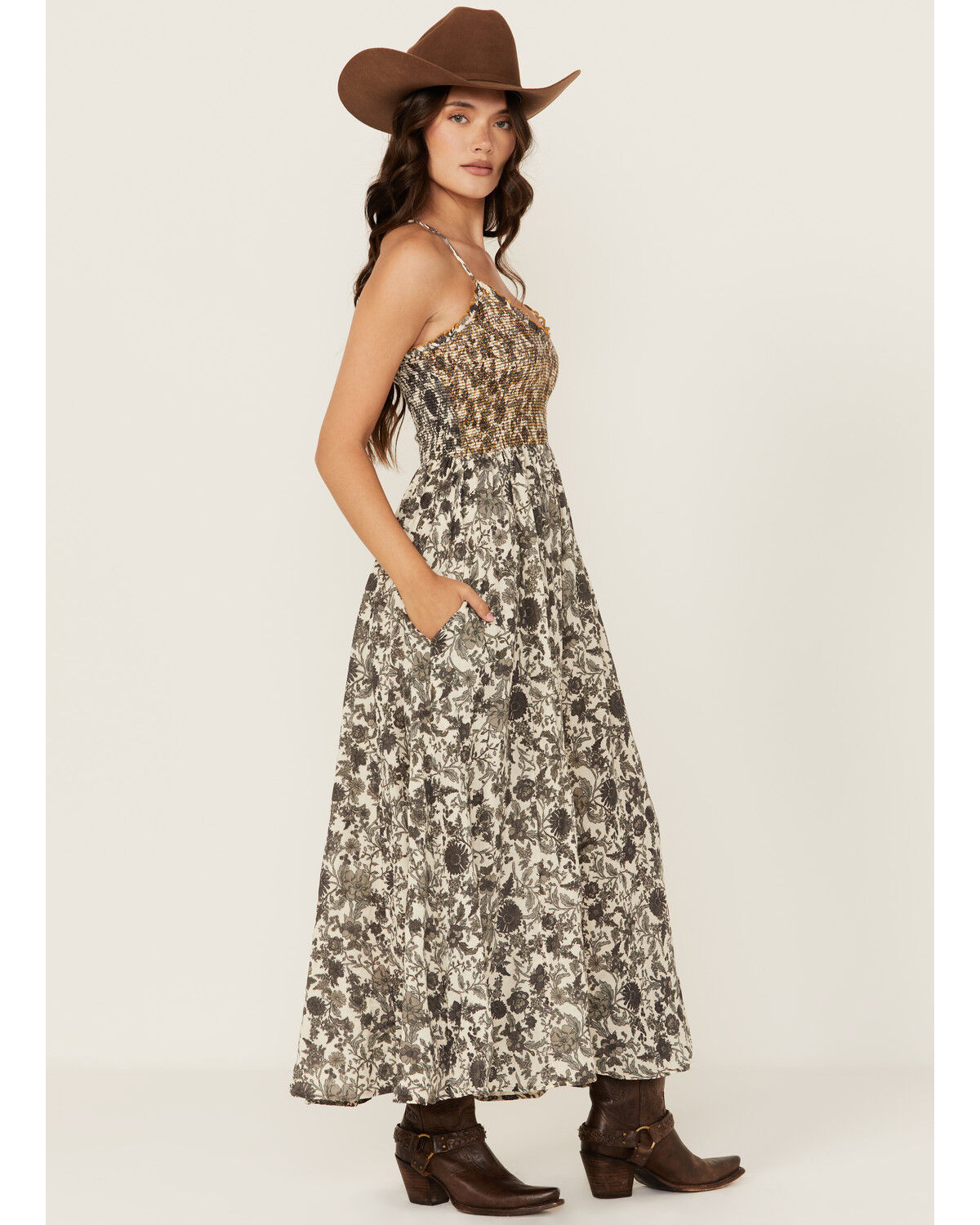 Image #1 - Free People Women's Sweet Nothings Floral Print Midi Dress, Brown, hi-res