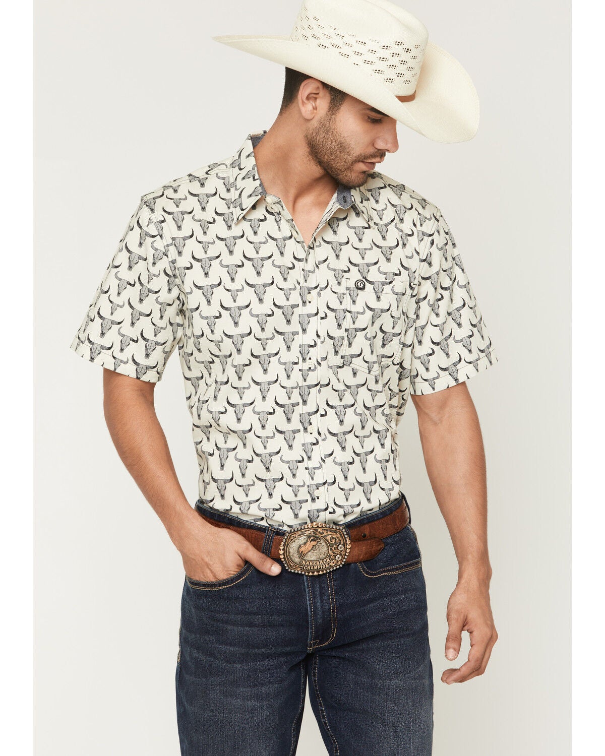 Image #1 - Cody James Men's Toro Steer Head Print Short Sleeve Button-Down Stretch Western Shirt, Tan, hi-res