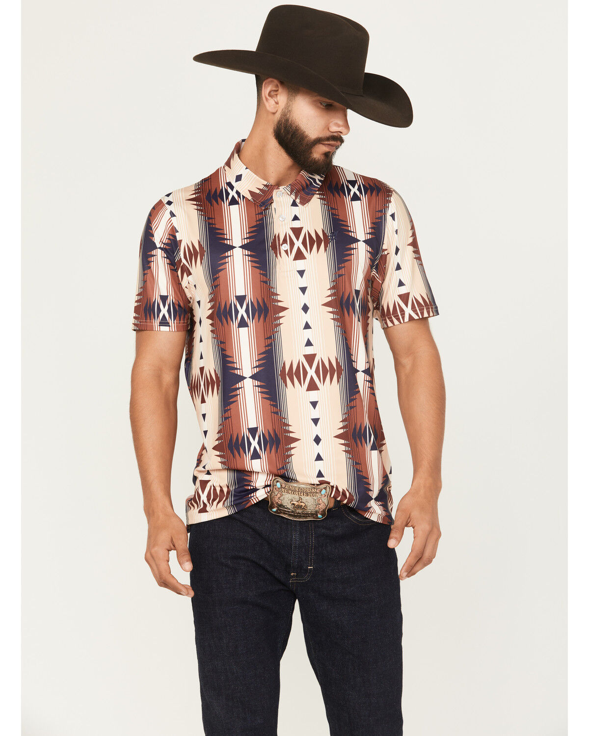 Image #1 - Hooey Men's The Weekender Southwestern Print Short Sleeve Button-Down Polo Shirt, Tan, hi-res