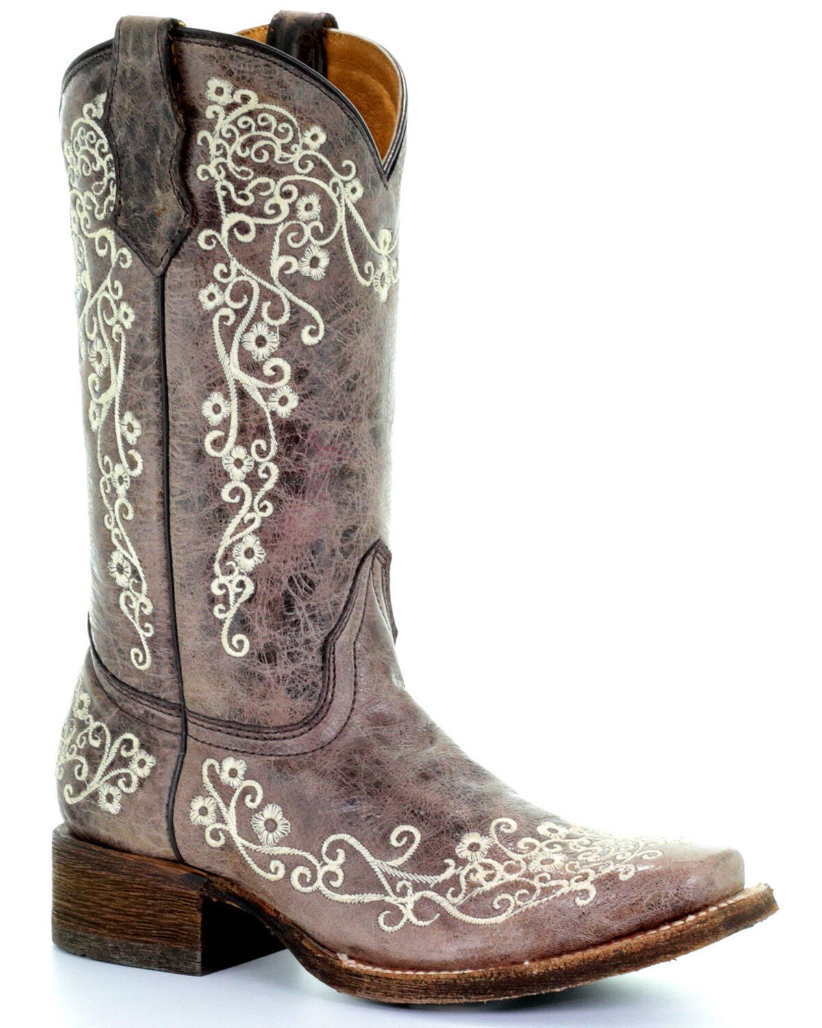 Corral Girls' Crater Bone Embroidered Western Boots - Broad Square Toe, Brown, hi-res