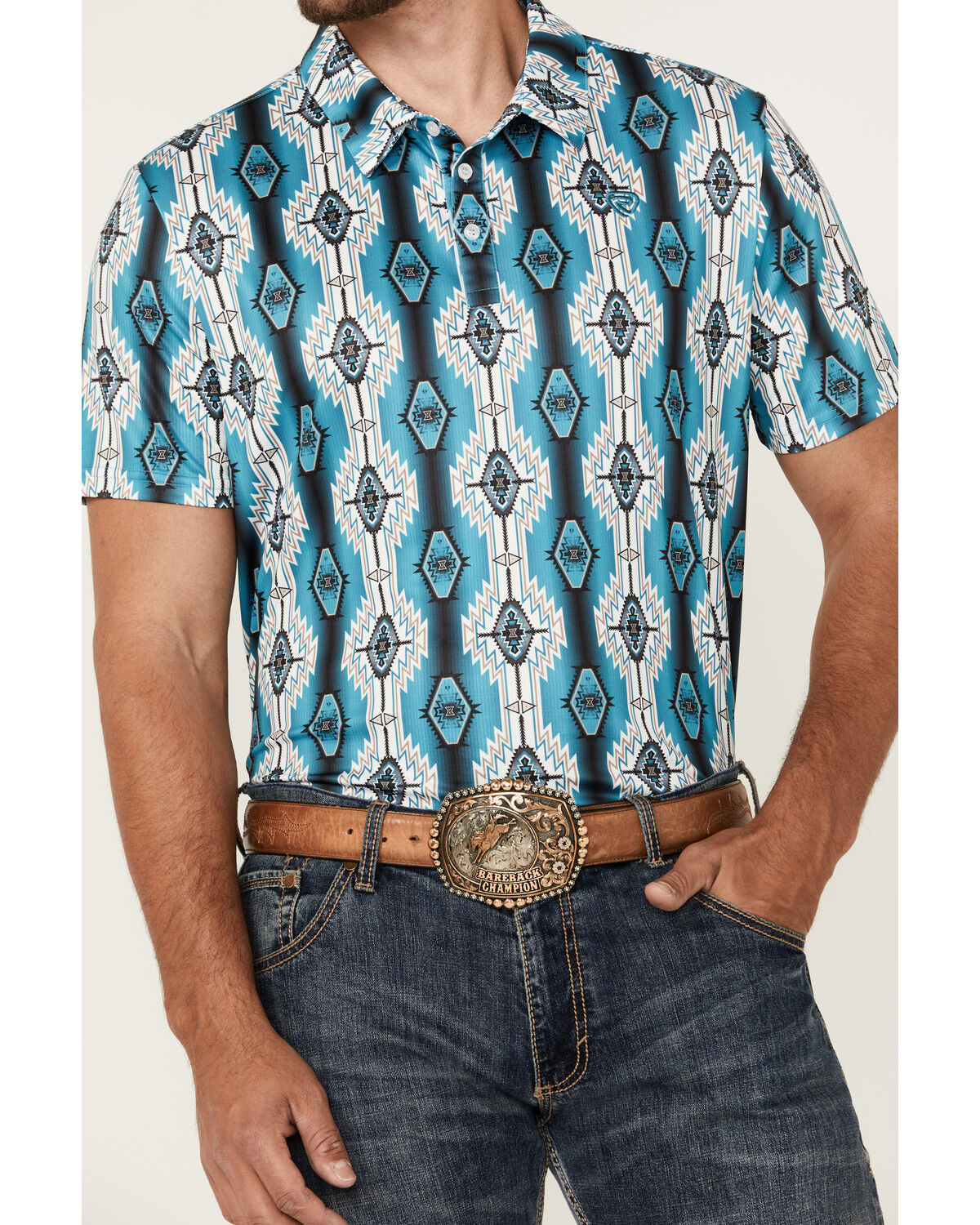 Image #3 - Rock & Roll Denim Men's Southwestern Print Short Sleeve Polo Shirt, Turquoise, hi-res