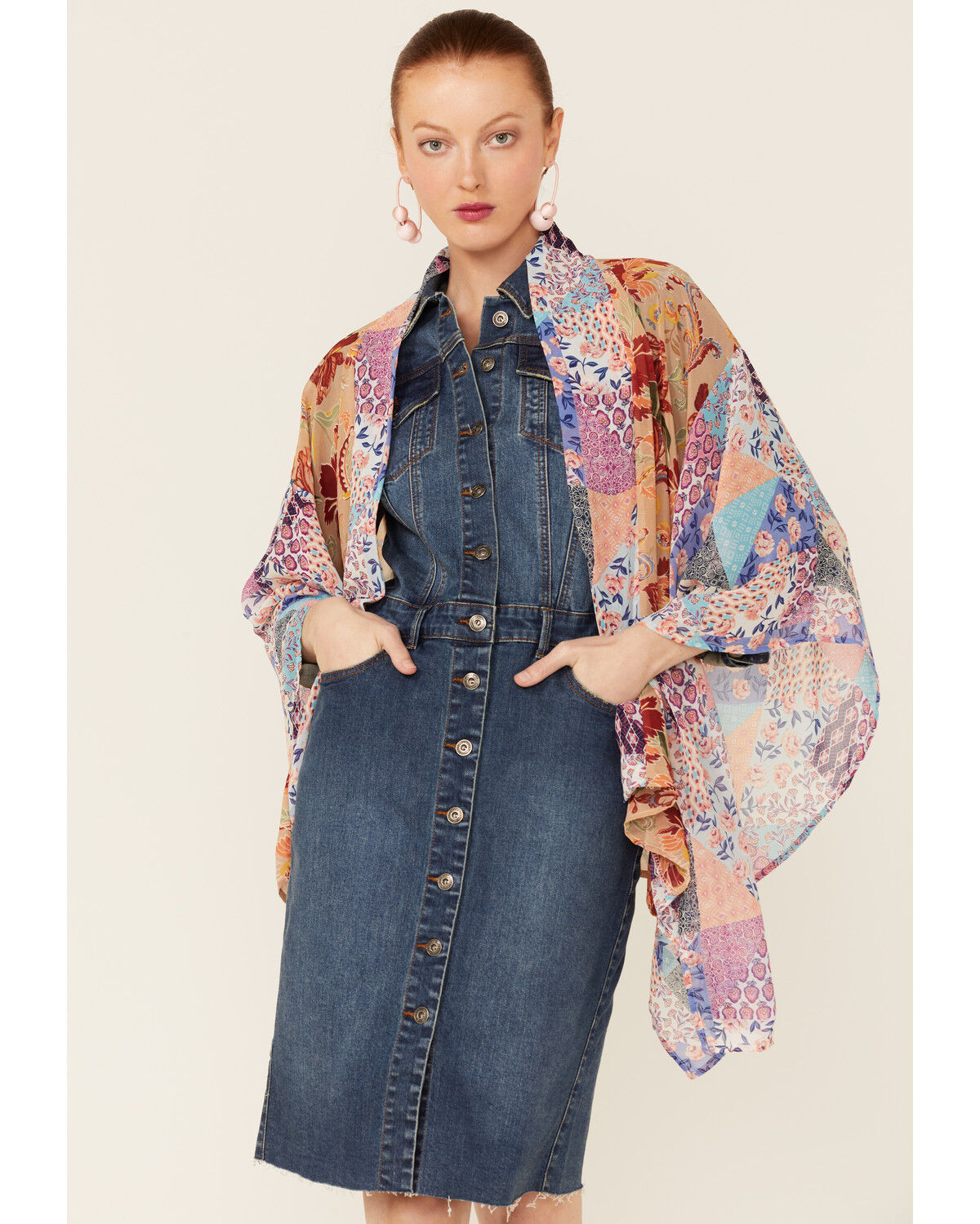 Image #1 - LaBiz Women's Floral Short Kimono, Tan, hi-res
