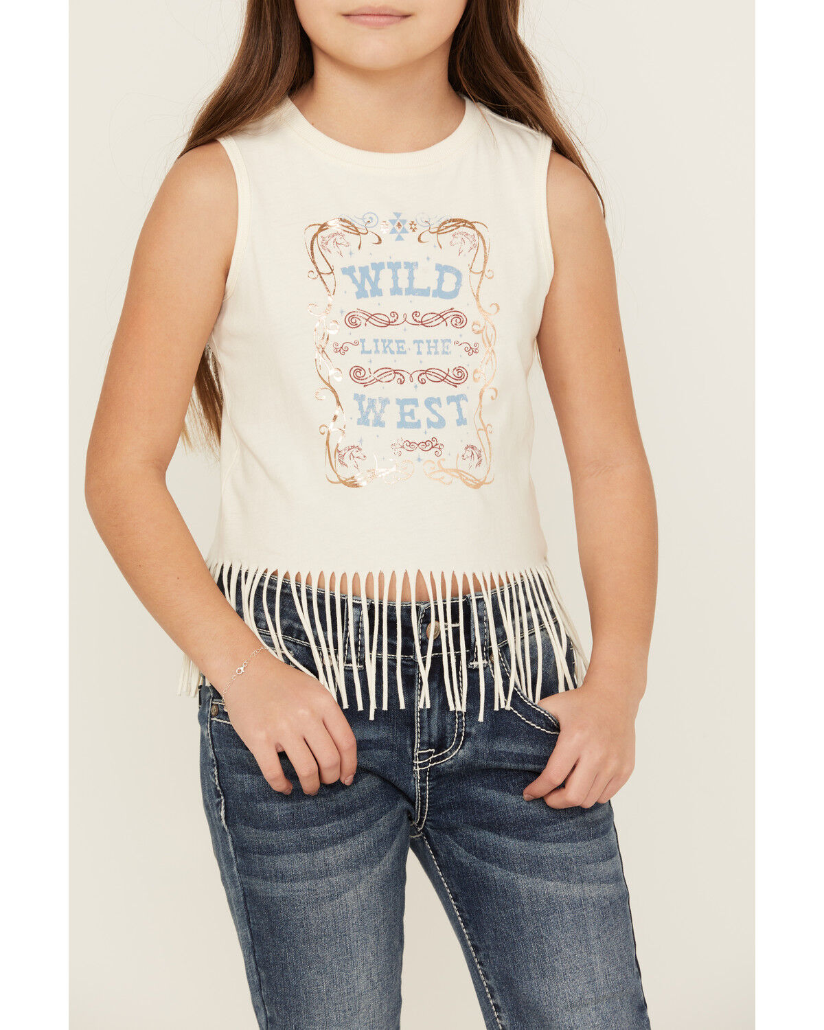 Image #3 - Shyanne Girls' Wild Like The West Fringe Graphic Tank Top, Cream, hi-res