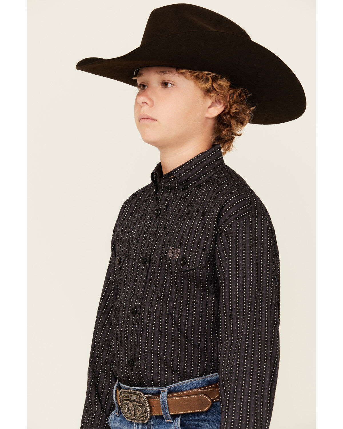 Image #2 - Panhandle Boys' Geo Print Long Sleeve Snap Western Shirt, Charcoal, hi-res