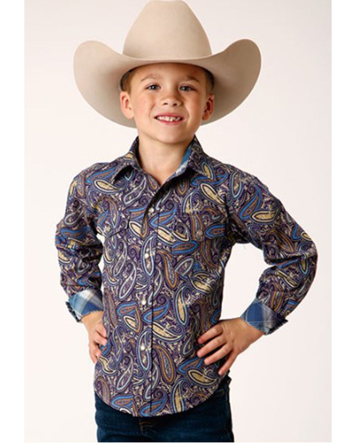 Roper Boys' Amarillo Paisley Print Long Sleeve Pearl Snap Western Shirt, Multi, hi-res
