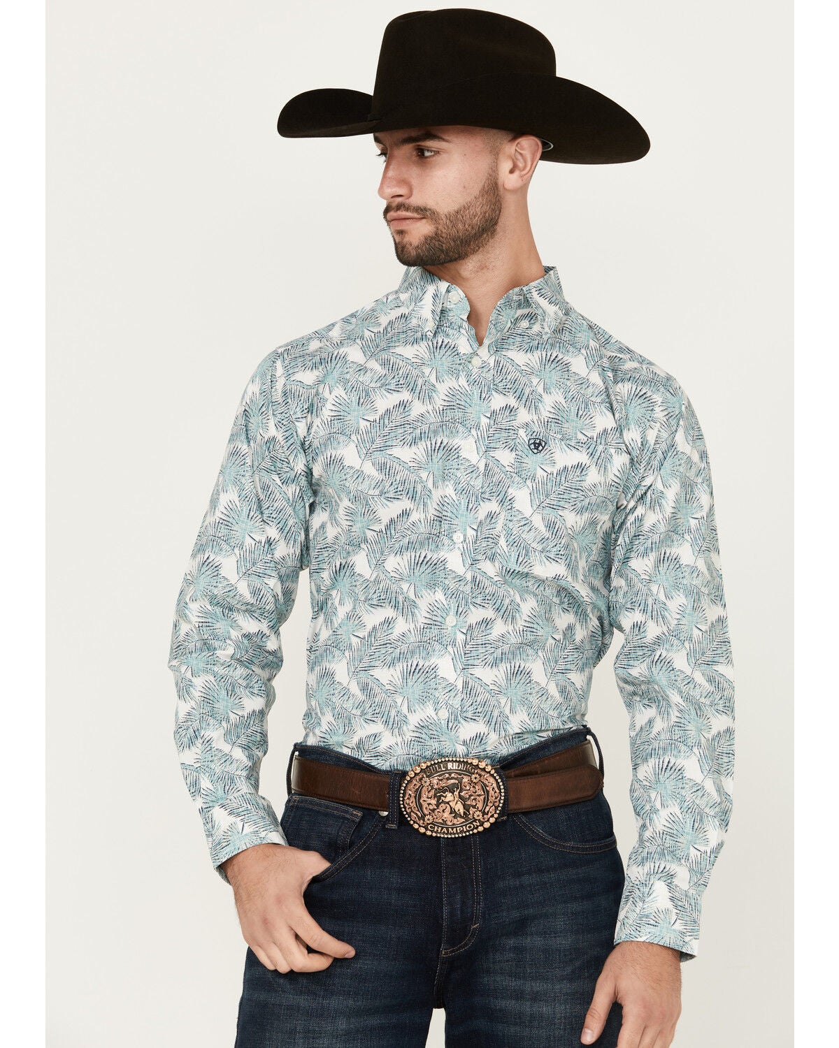 Ariat Men's Emanuel Palm Leaf Print Long Sleeve Button-Down Western Shirt, White, hi-res