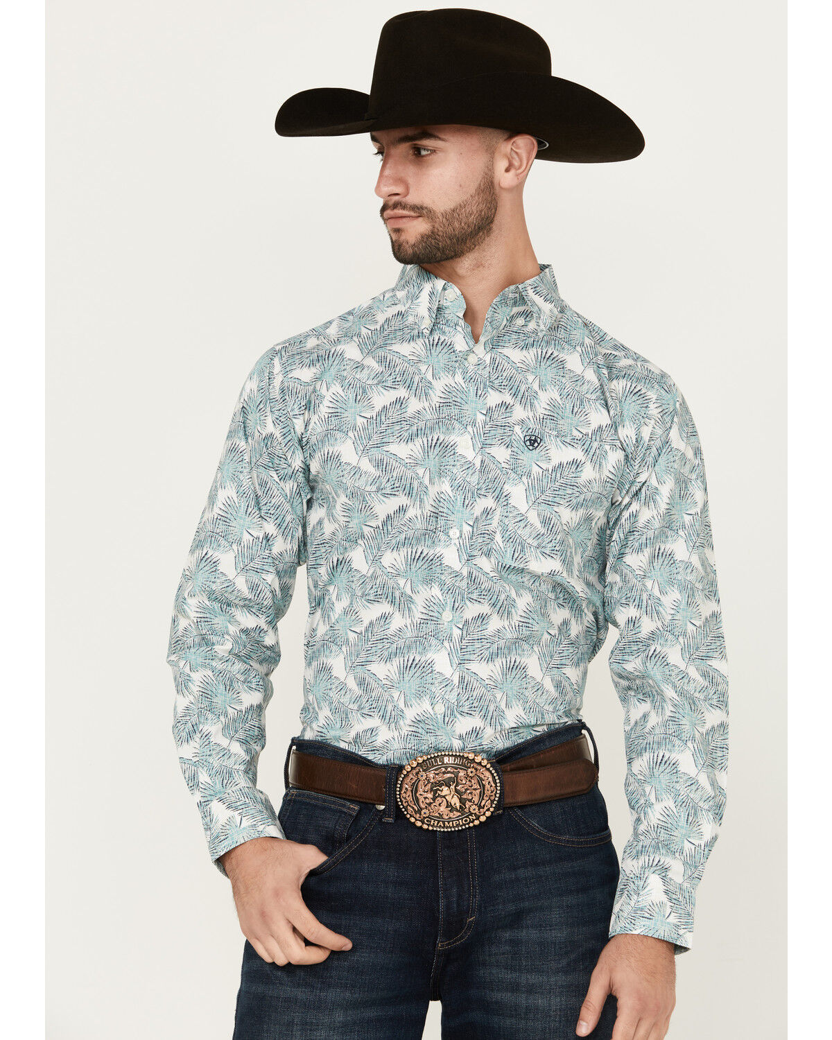 Image #1 - Ariat Men's Emanuel Palm Leaf Print Long Sleeve Button-Down Western Shirt, White, hi-res