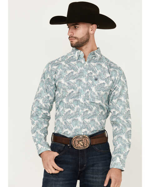 Ariat Men's Emanuel Palm Leaf Print Long Sleeve Button-Down Western Shirt , White, hi-res
