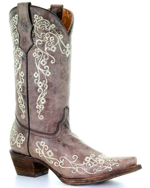 Image #1 - Corral Girls' Crater Bone Embroidered Western Boot - Snip Toe, Brown, hi-res